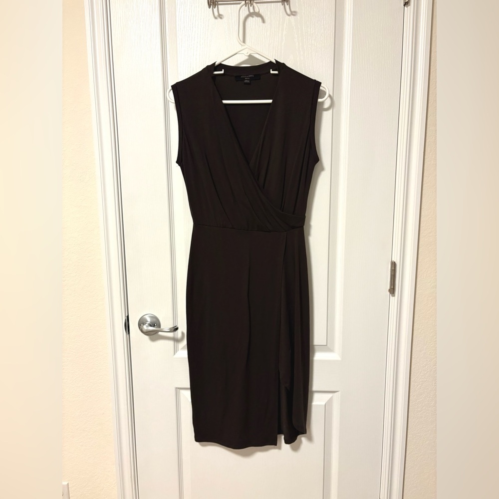 All Saints Chocolate Brown Wrap Midi Dress